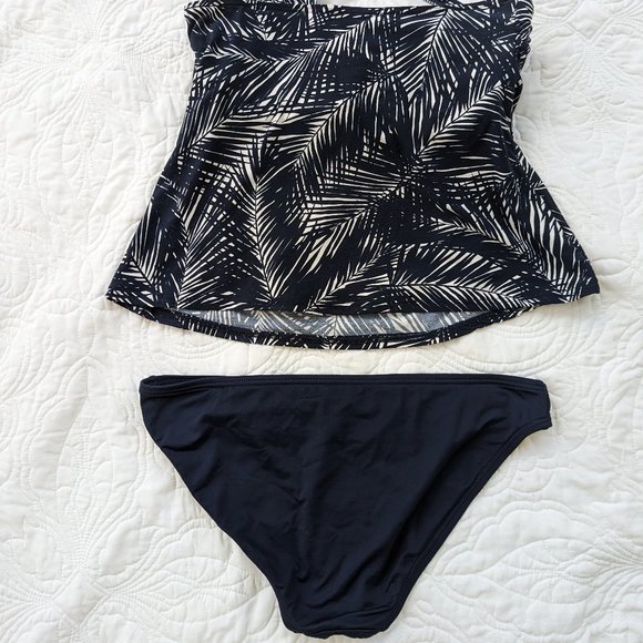 Michael Kors Palm Print Two Piece Tankini Bikini Bottoms Navy White One Shoulder - Picture 2 of 14